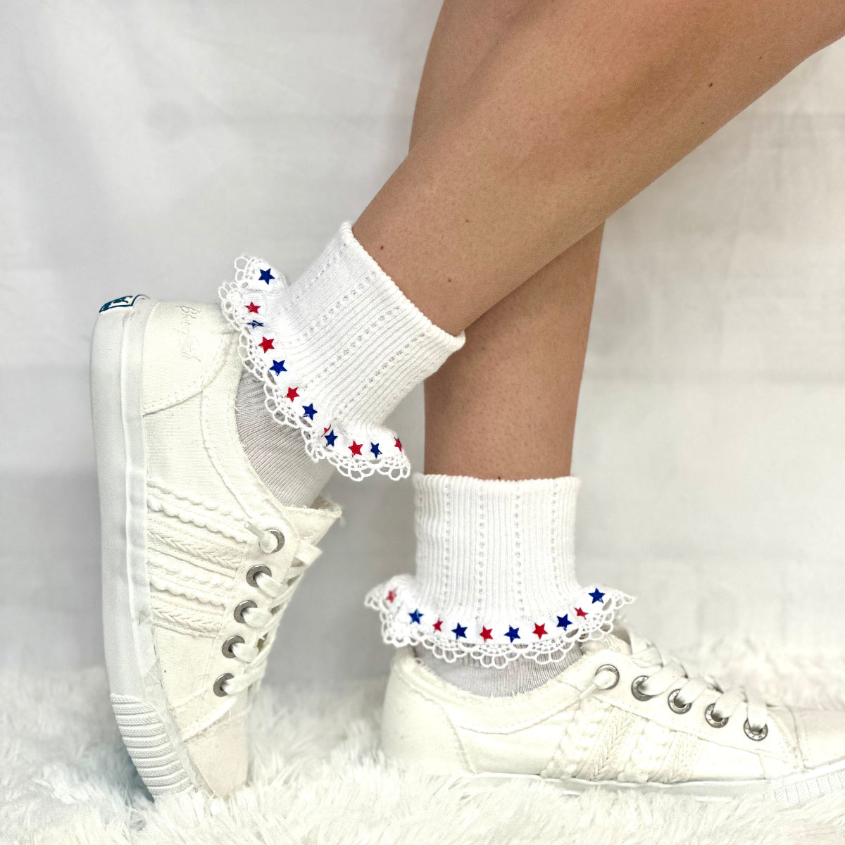 STARS patriotic lace cuff socks - white, American socks for women., Catherine Cole signature socks