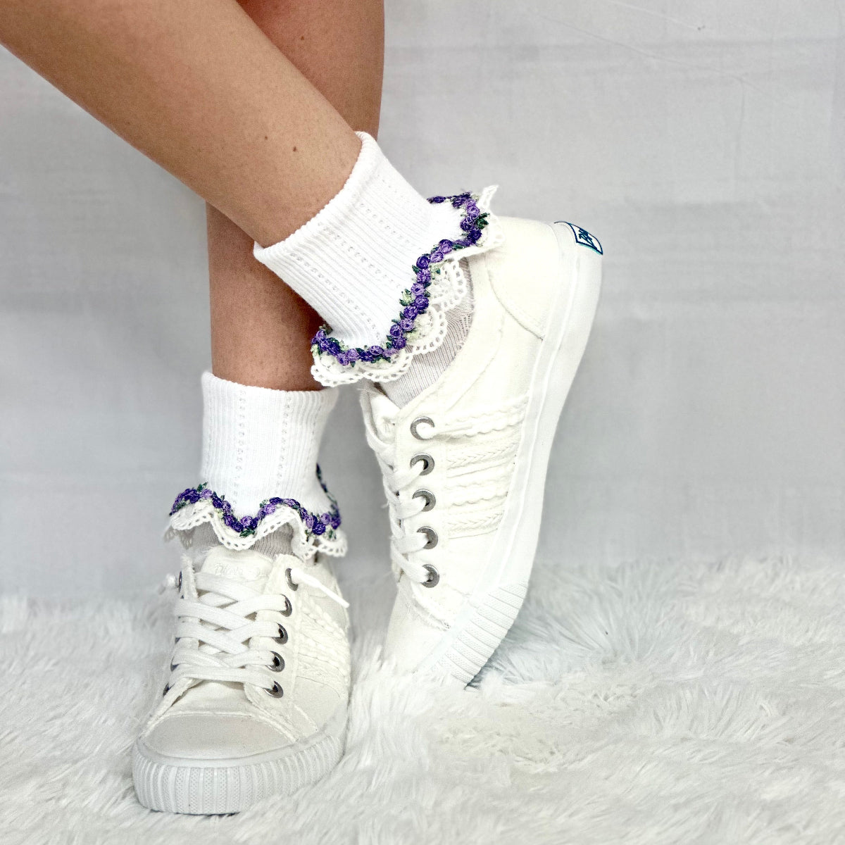 FLOWERS lace cuff socks - white purple,, pretty summer lace cuff sock for women made in USA, Catherine Cole socks