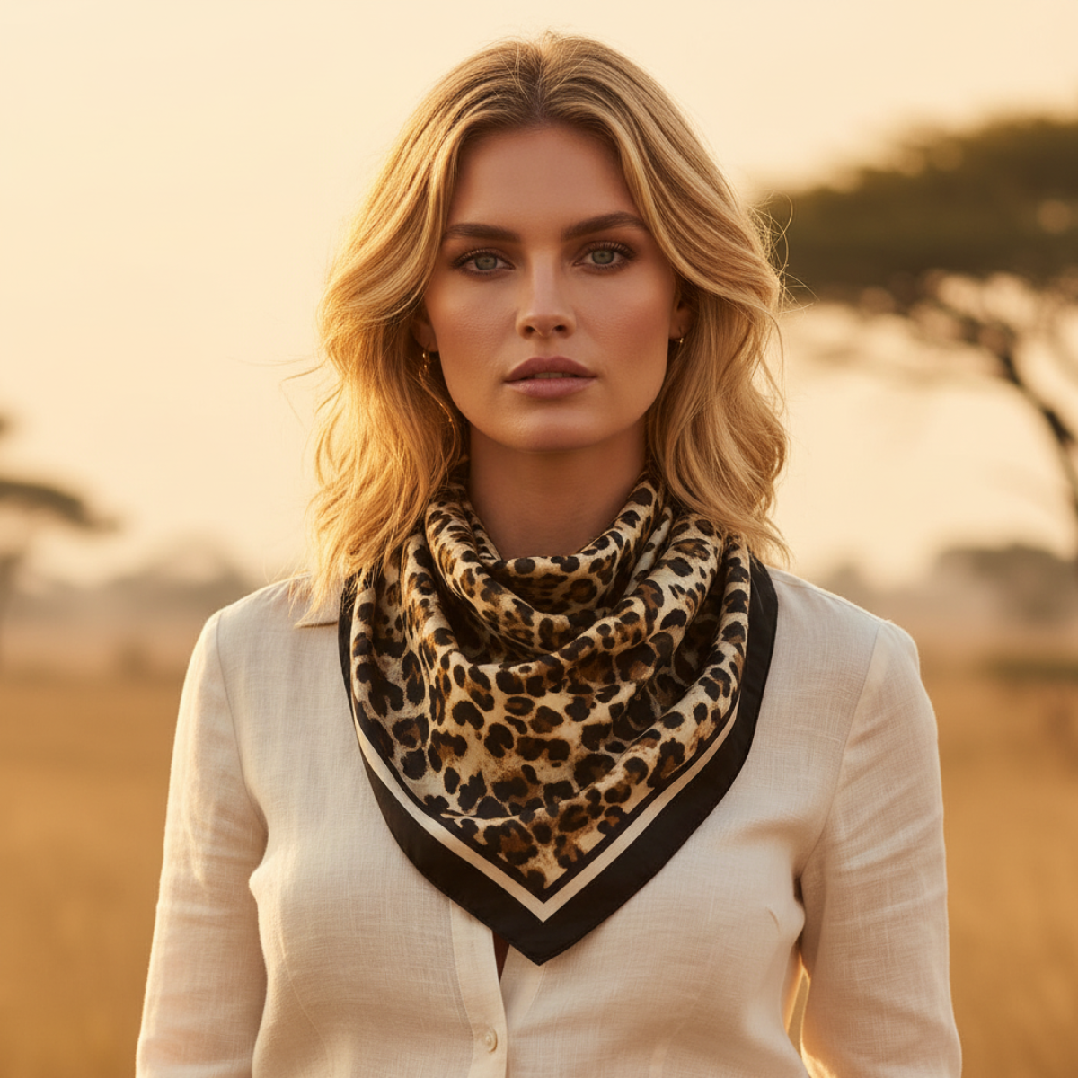 A woman wearing a leopard-print neck scarf with black trim over a cream-colored top, set against a warm, blurred outdoor background.