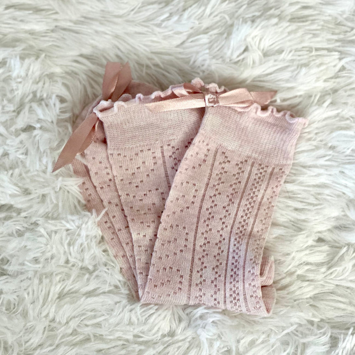 BOW ruffle top pointelle sock - white, beige, blush