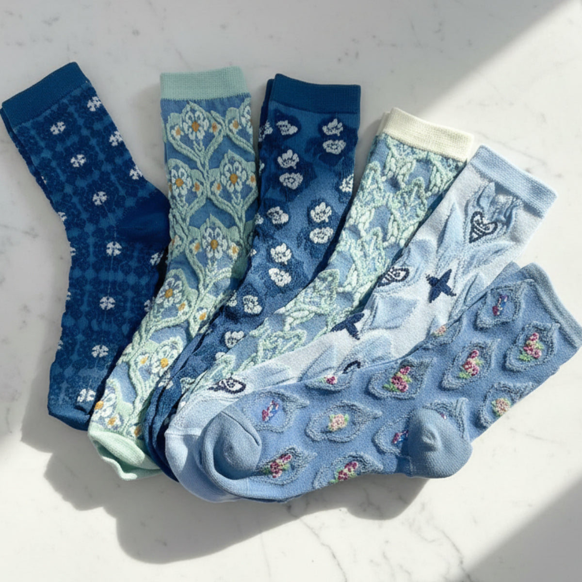 Blue Botanical 6-Pair Sock Bundle | Studio Clearance | Women's Crew Socks Size 6–9