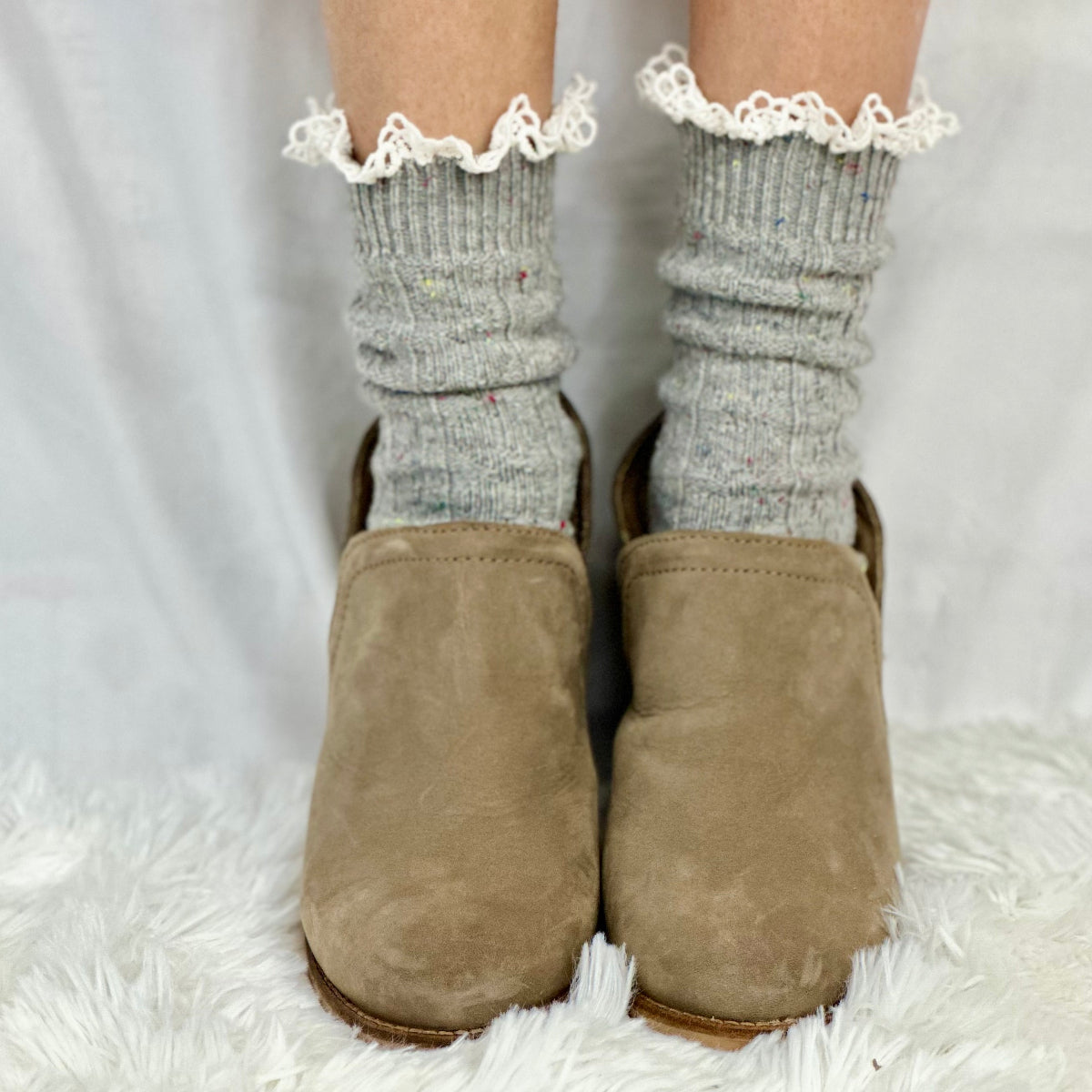 Bootie cute lace topped boot socks, grey, short ankle boot socks, Catherine Cole signature socks women
