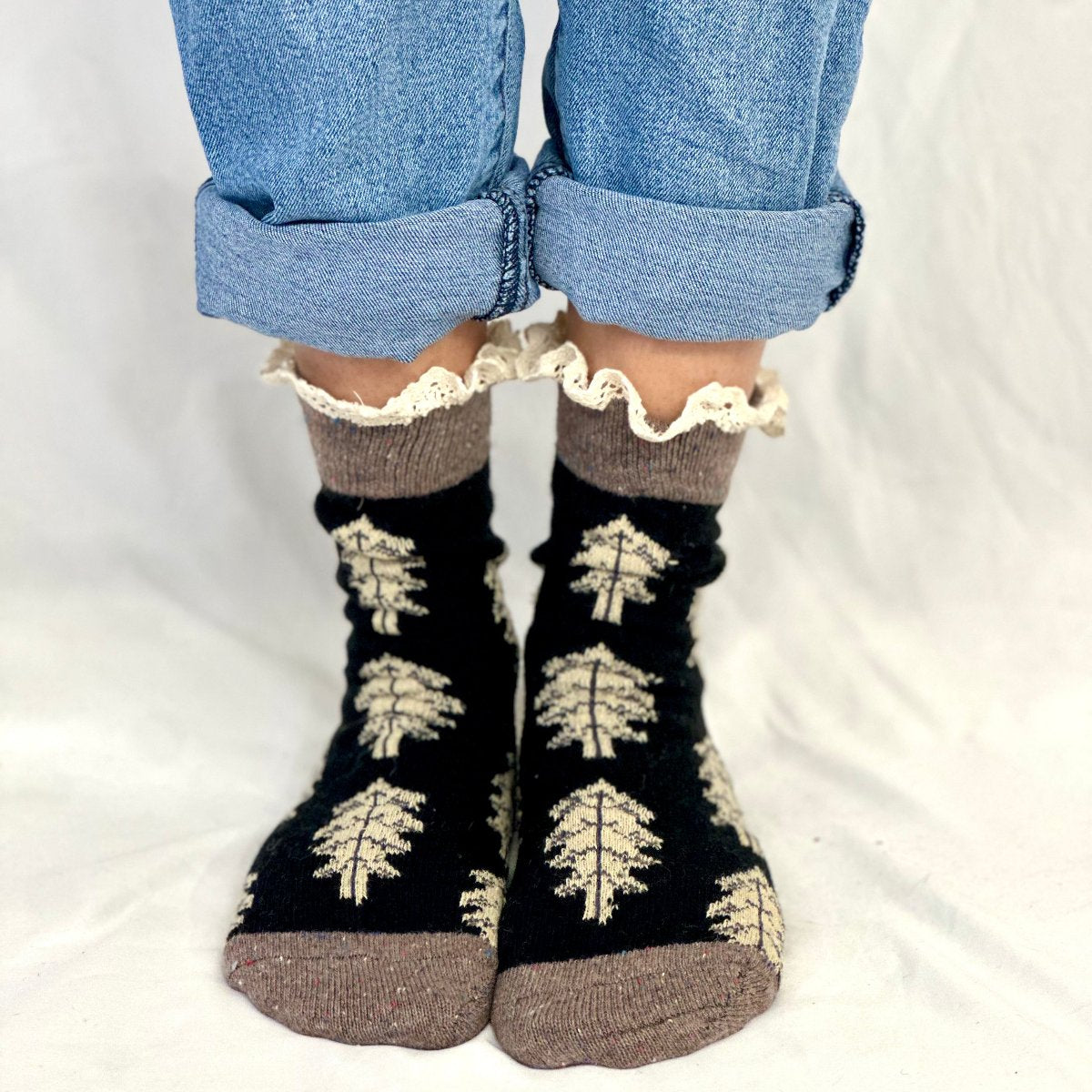 FALL LEAF lace topped socks - black, Catherine Cole signature socks women