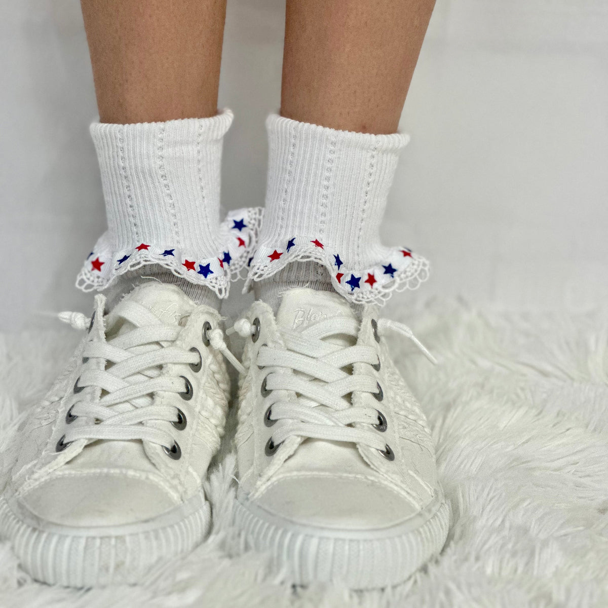 STARS patriotic lace cuff socks - white, American socks for women., Catherine Cole signature socks