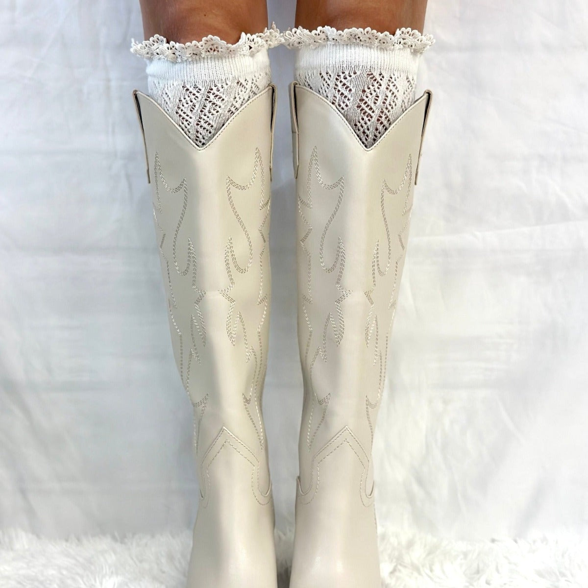 fun hosiery women, cute lacy style, cowgirl boots socks, tall lace knee socks for women , Catherine Cole Atelier