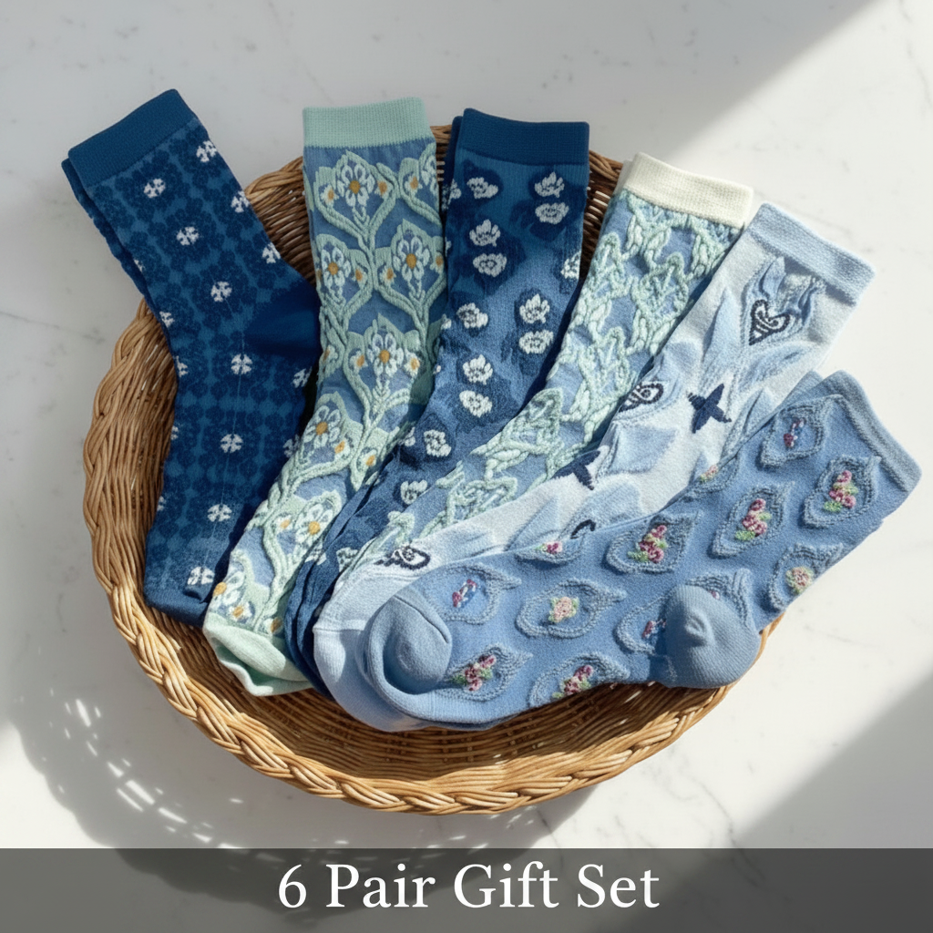 Six pairs of patterned baby socks arranged in a round woven basket on a light surface. The set includes various blue and navy patterns such as florals, stripes, and stars, with one pair in light blue and one pair in mint green.