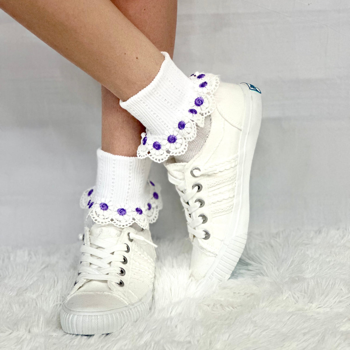DAISY MAE lace cuff socks - white purple, summer cotton cuff socks women made in USA, Catherine Cole signature socks