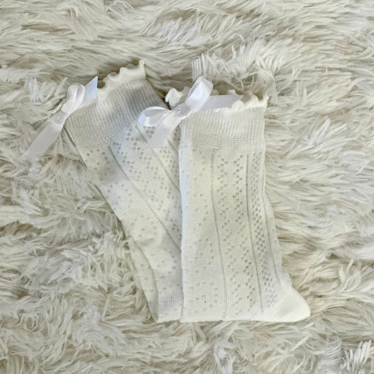 BOW ruffle top pointelle sock - white, beige, blush