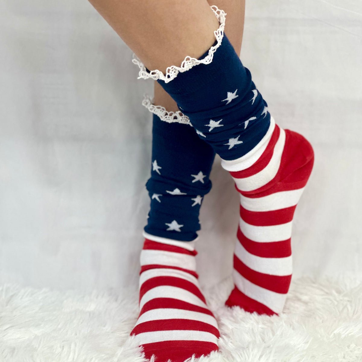 AMERICAN FLAG patriotic socks - red white blue, Made in USA America lace socks women - Catherine Cole signature socks