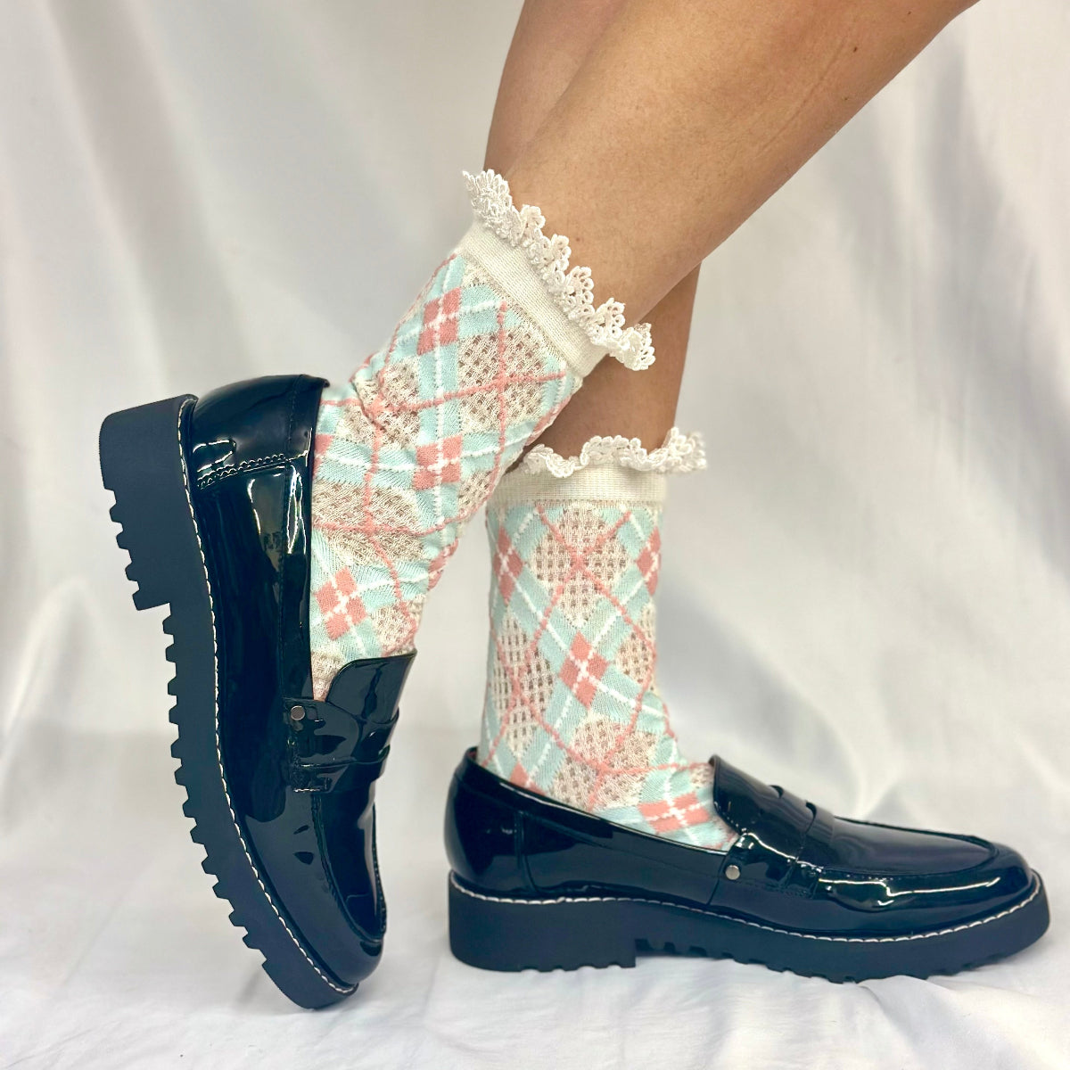 ARGYLE pastel preppy lace top sock