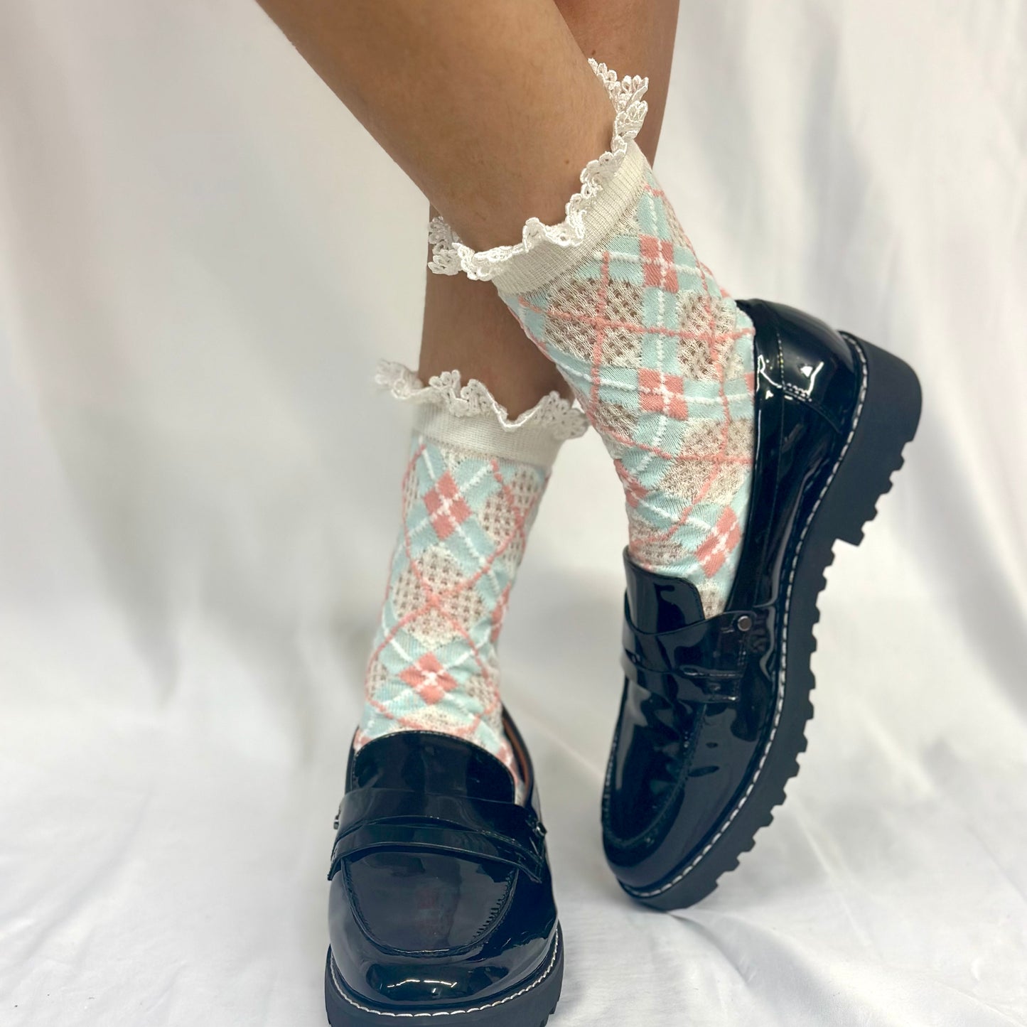 ARGYLE pastel preppy lace top sock