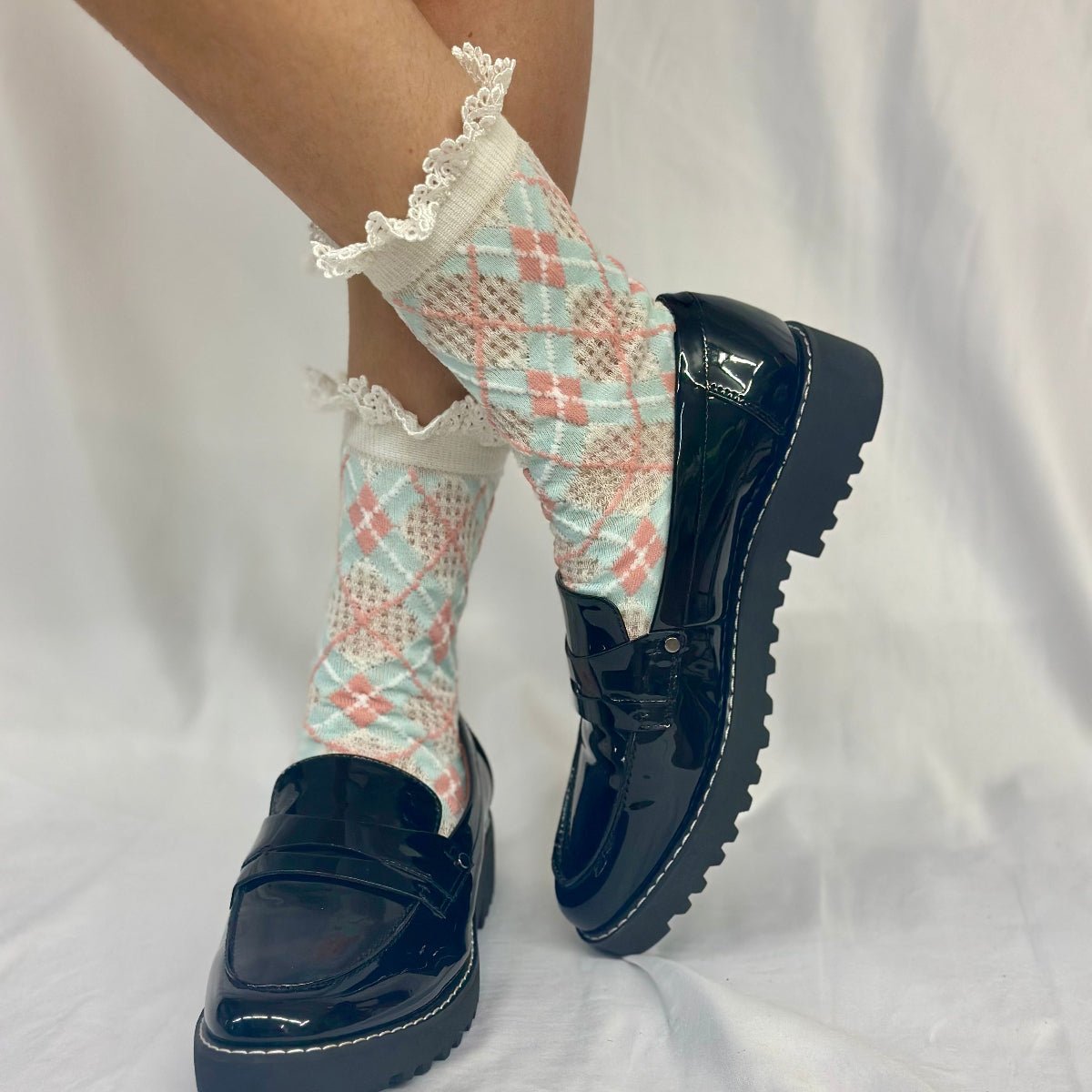 ARGYLE pastel preppy lace top sock