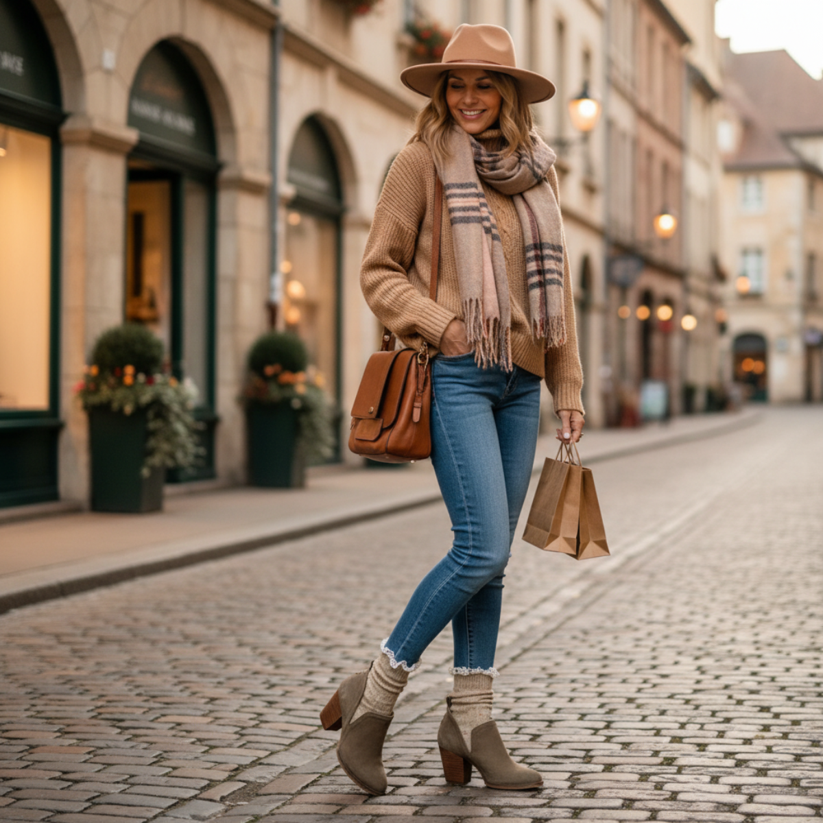 Woman walking down a street in a stylish outfit with a hat, scarf, and jeans. socks by Catherine Cole signature socks