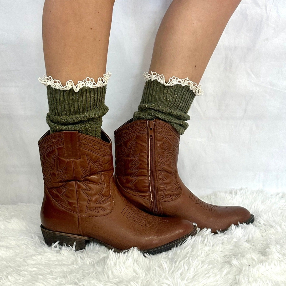 cowgirl socks, best quality women's lace boot socks near me, lace trim short boot socks women's, BOOTIE  lace slouch  socks - olive by Catherine Cole signature socks