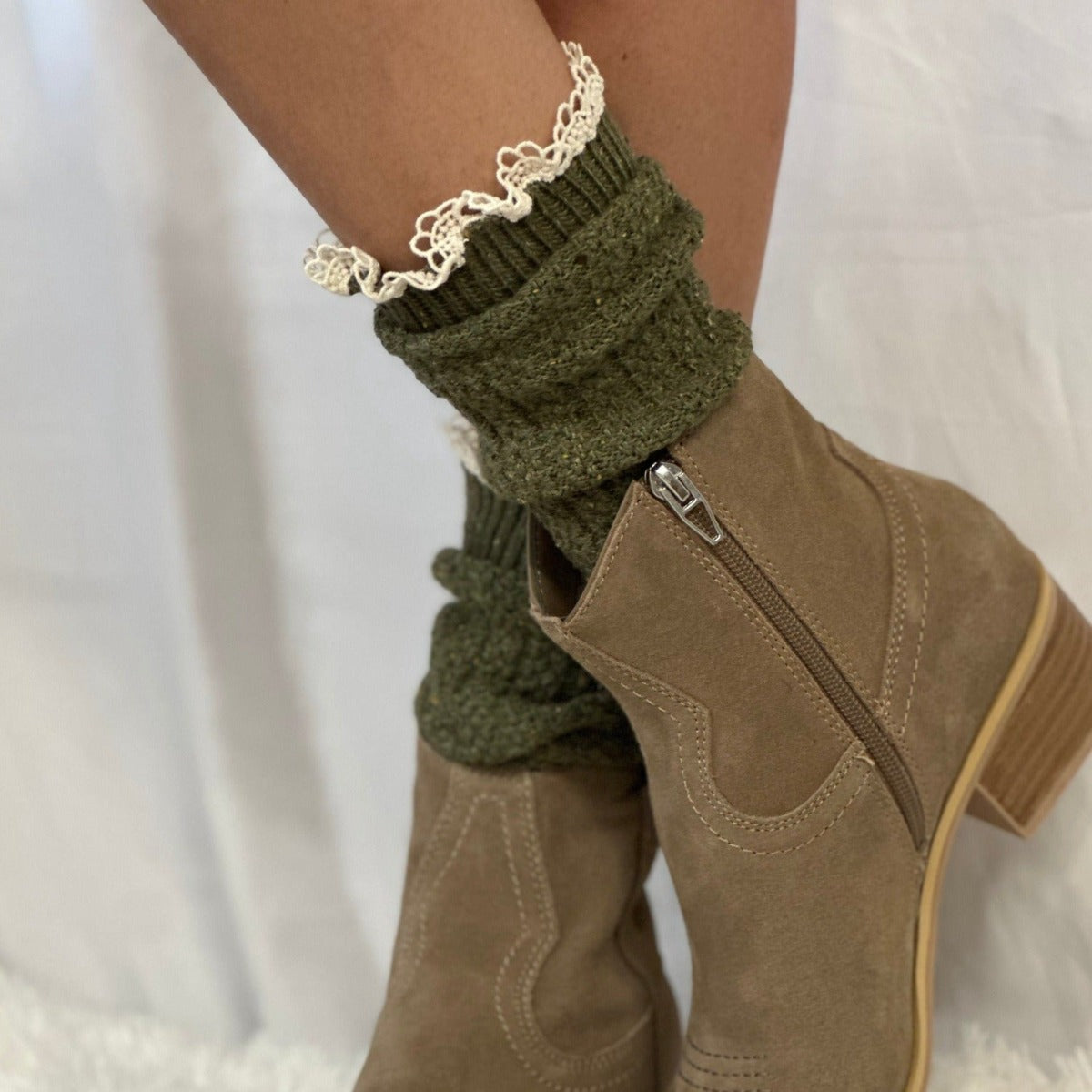 lace slouch socks for booties- olive , ankle boot socks cotton women's, lace top boot socks buy, shark tank socks, BOOTIE  lace slouch  socks - olive by Catherine Cole signature socks