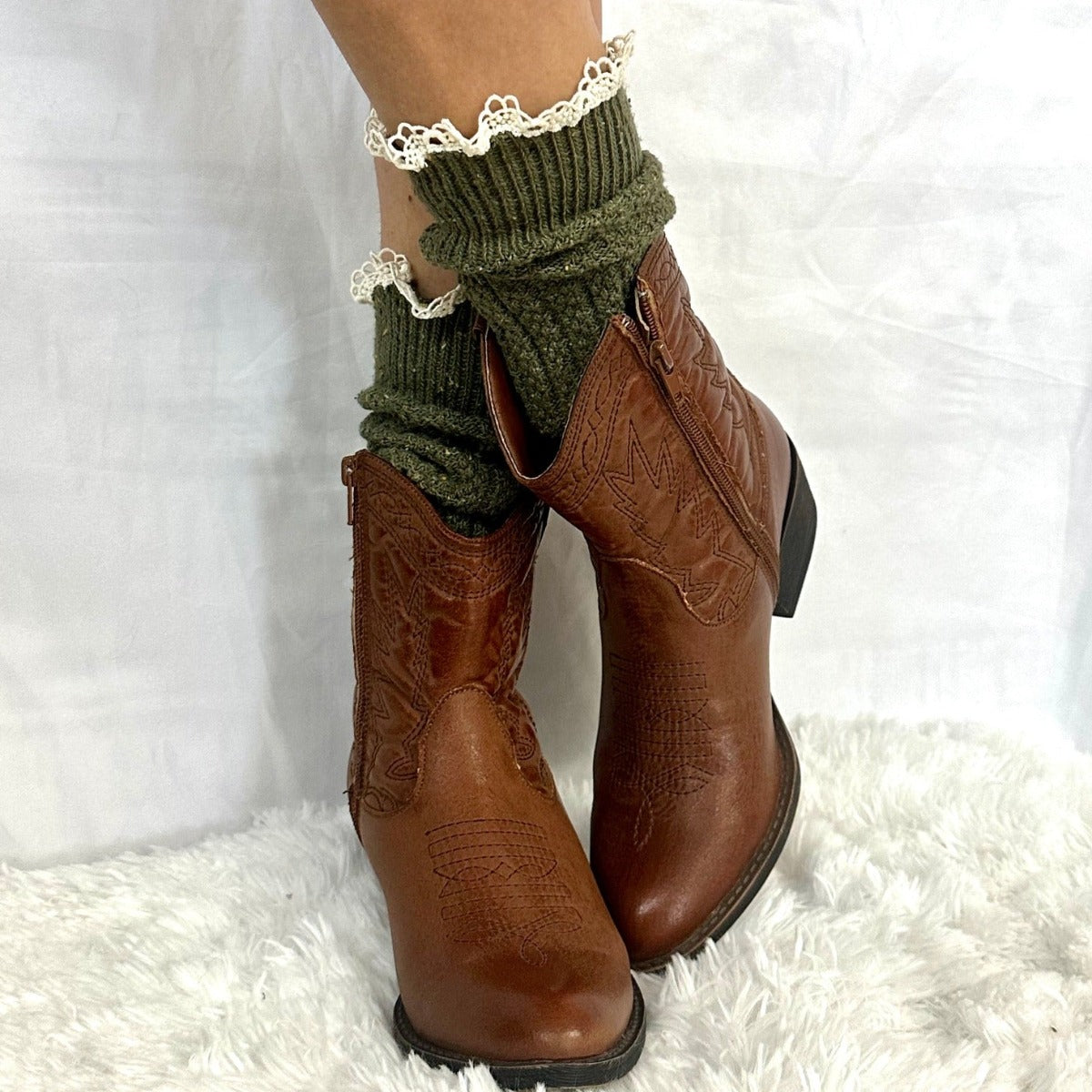 cowgirl socks - Catherine Cole Inspired fashion since 1991 Couture socks and foot jewelry, best thick slouch sock BOOTIE lace slouch socks - olive by Catherine Cole signature socks