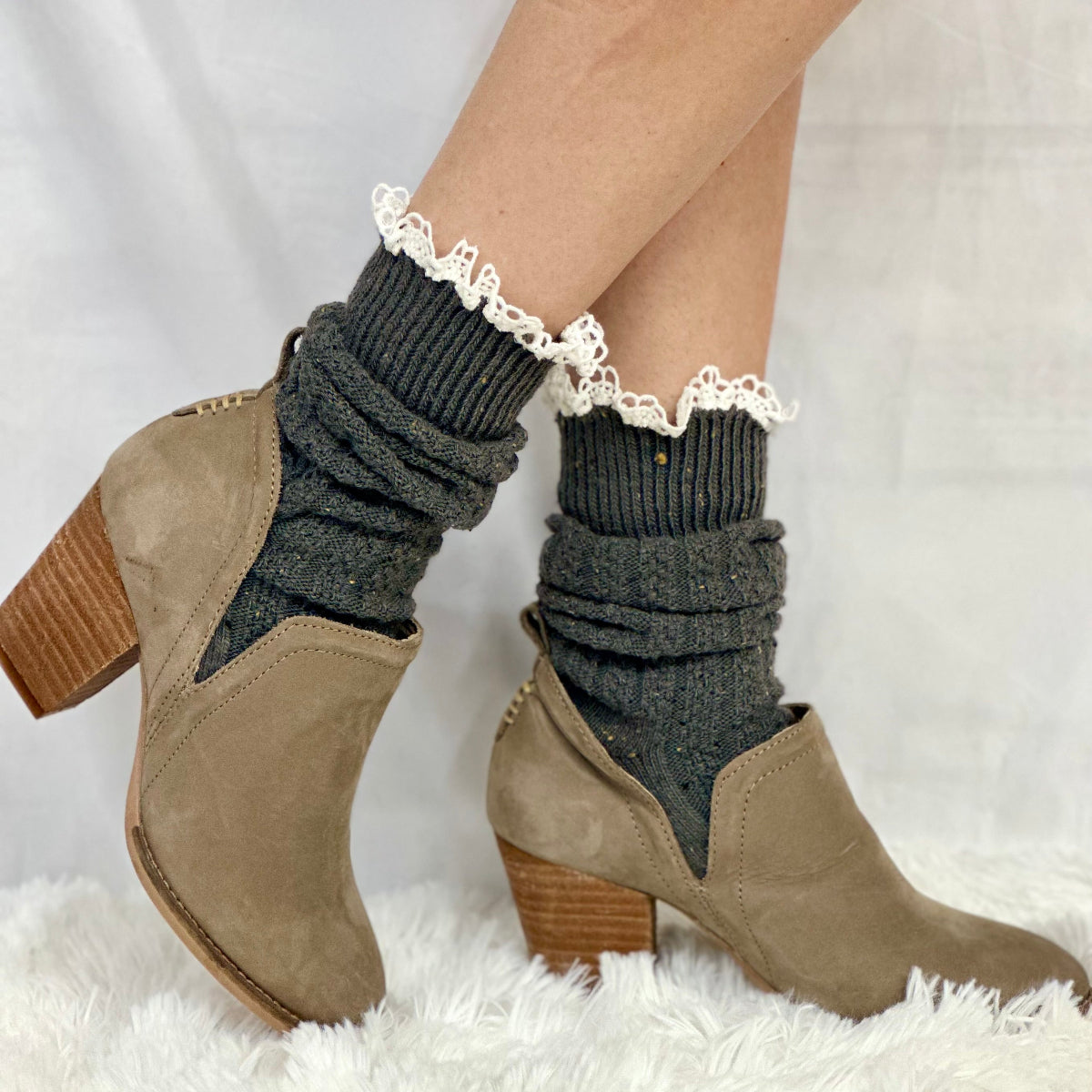 BOOTIE  lace tweed slouch  socks - dark grey, lace topped ankle boot socks ,ade in USA america, Catherine Cole signature socks
