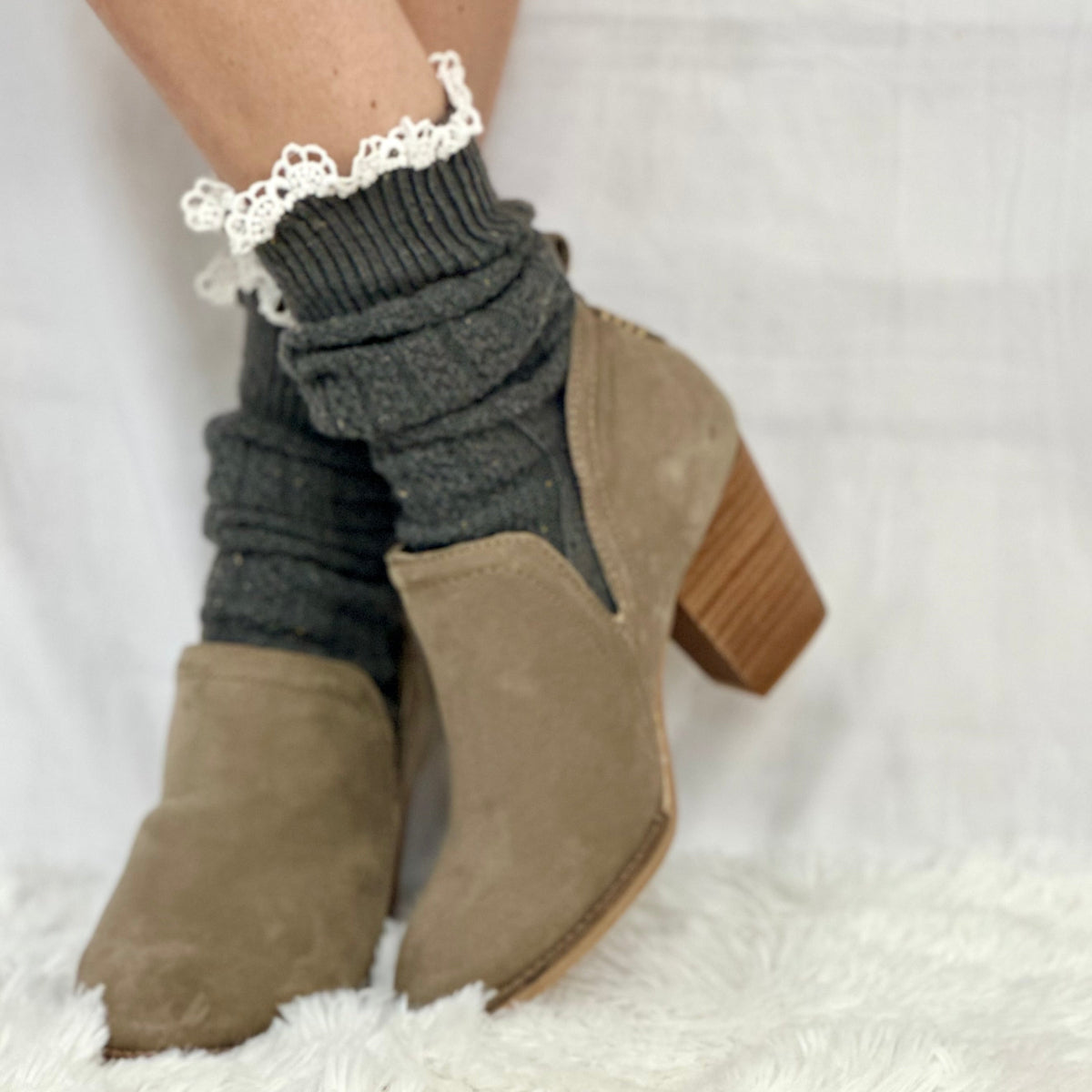 BOOTIE  lace tweed slouch  socks - dark grey, lace topped ankle boot socks ,ade in USA america