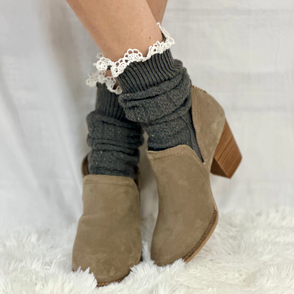 BOOTIE  lace tweed slouch  socks - dark grey, lace topped ankle boot socks ,ade in USA america, Catherine Cole signature socks