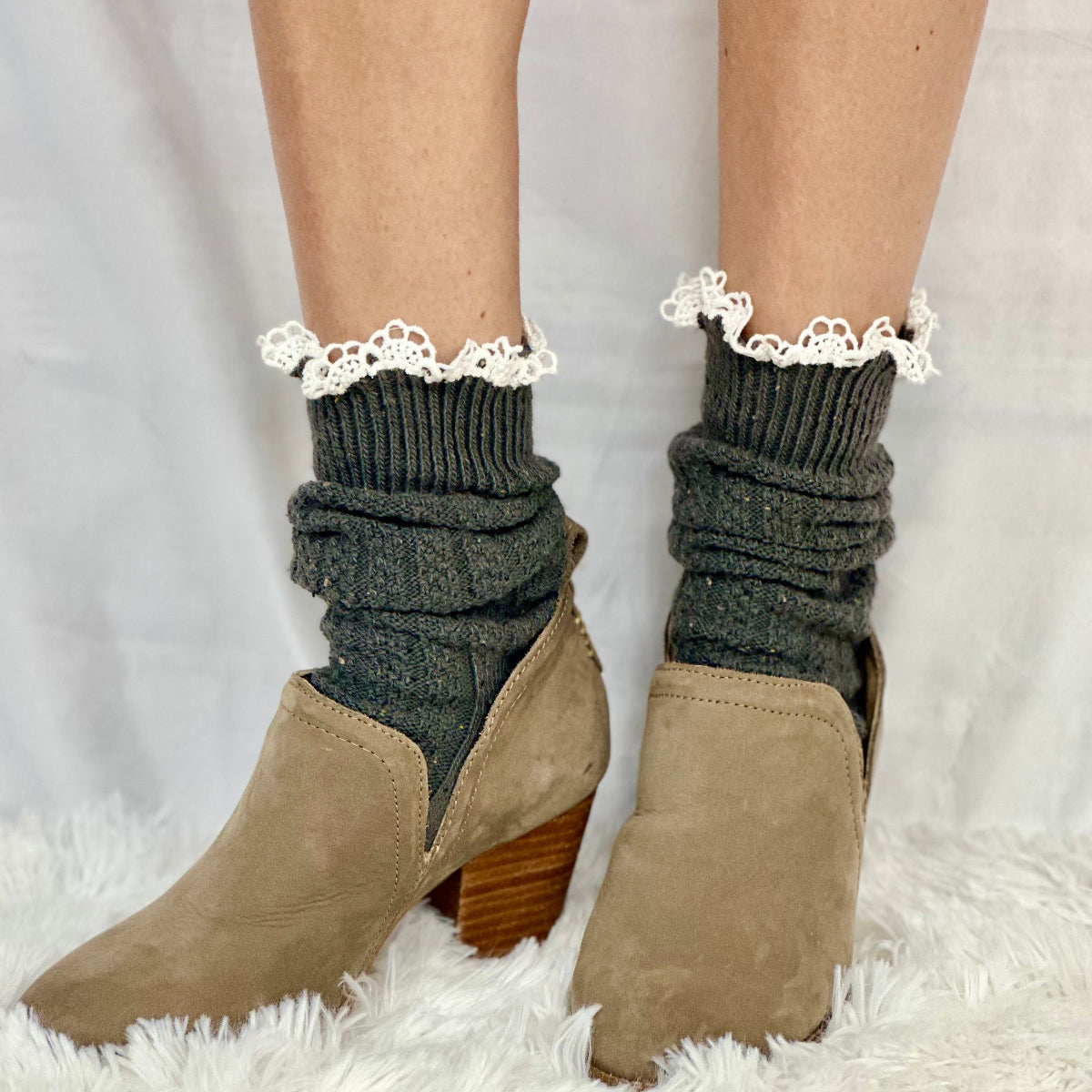 BOOTIE  lace tweed slouch  socks - dark grey, lace topped ankle boot socks ,ade in USA america, Catherine Cole signature socks