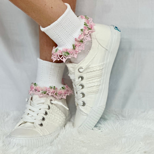 BOUQUET lace cuff socks - pink, cute feminine lace cuff socks. USA made products, Catherine Cole signature socks