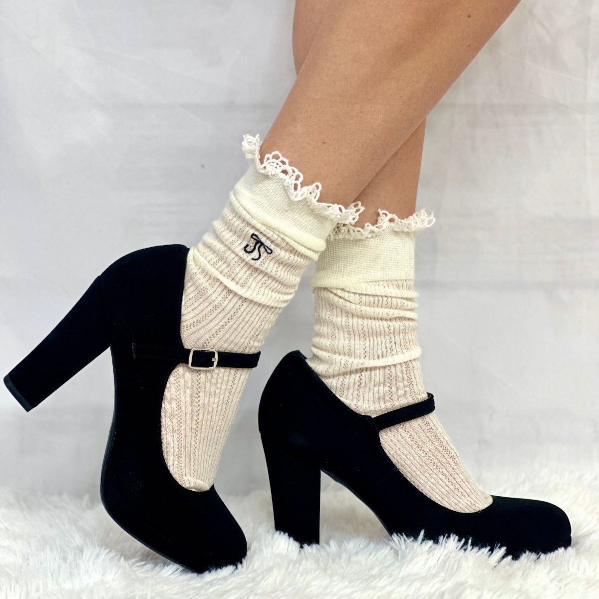 BOW cute lace ankle socks for heels - cream by Catherine Cole signature style