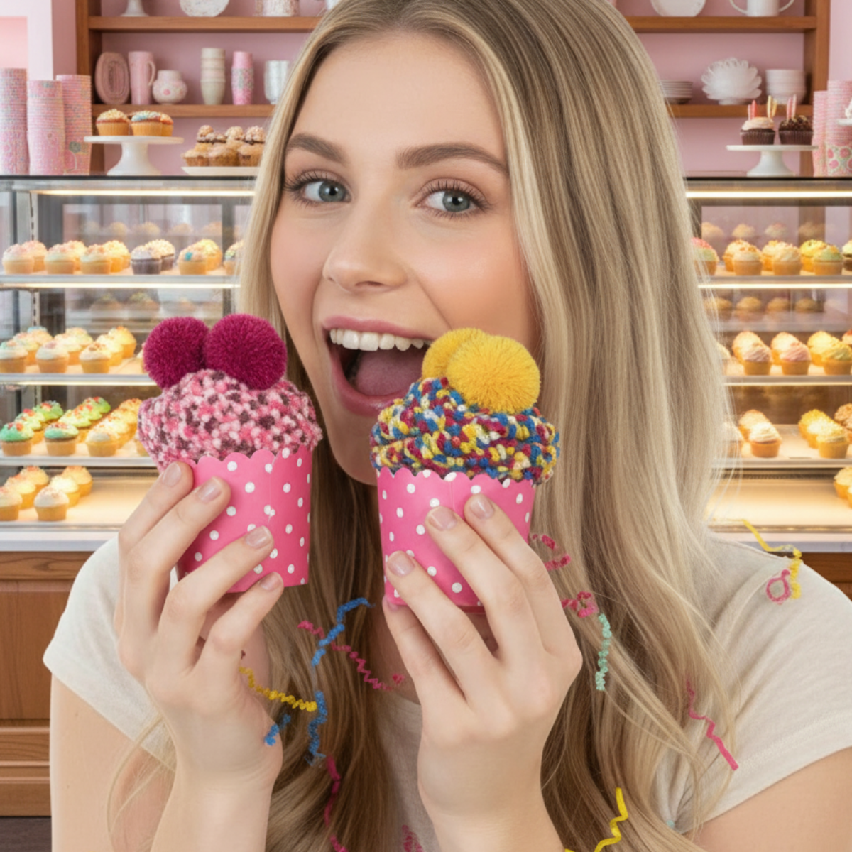 Woman holding two colorful cupcake-shaped objects in a bakery setting
