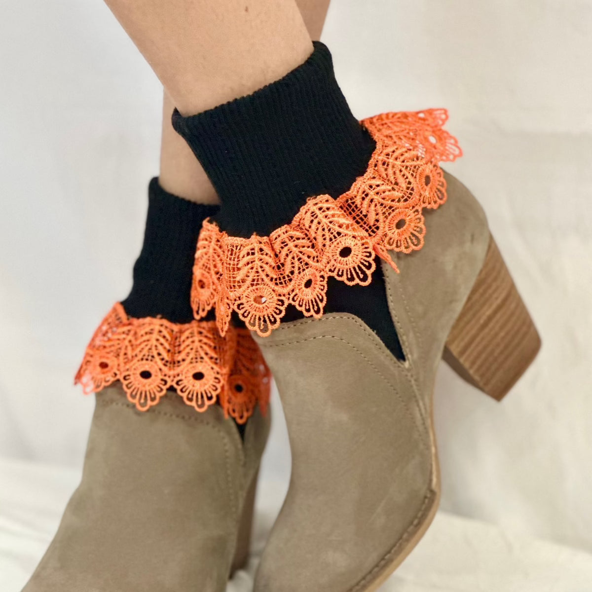 Halloween socks women, lace cuff socks ladies, made in USA lace socks, signature.