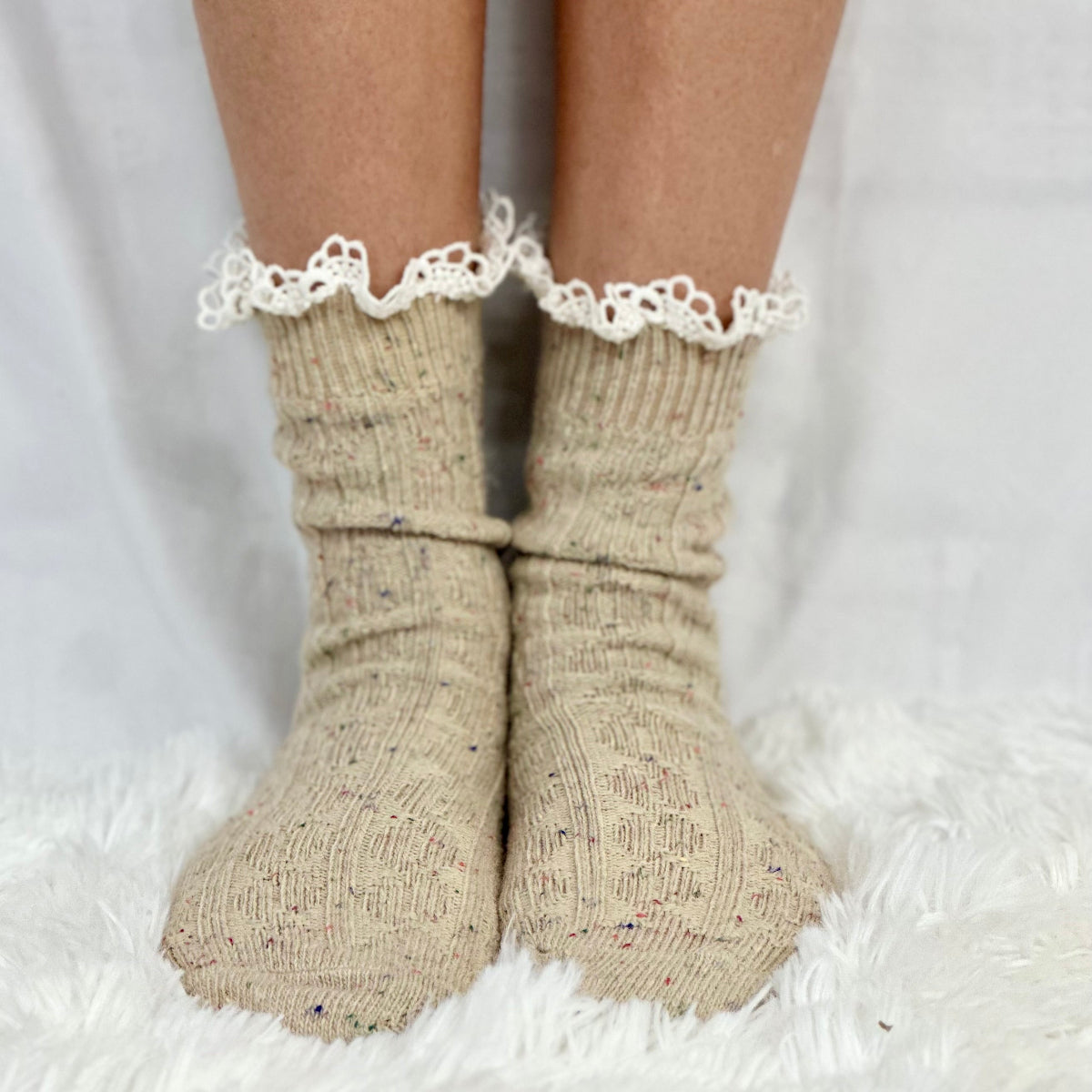 Bootie cute lace topped boot socks, linen tweed , short ankle boot socks, Catherine Cole signature socks women