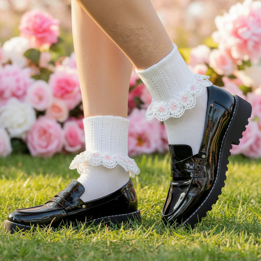 DAISY MAE Lace Cuff Socks White Pink | Embroidered Daisy Ankle Socks Made in USA