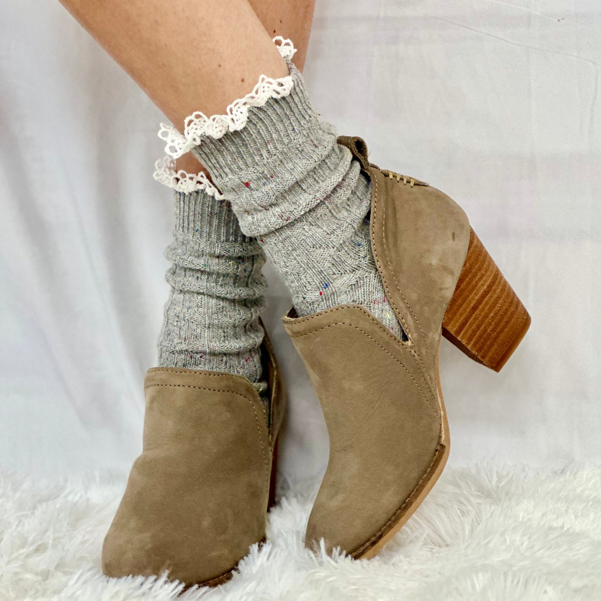 Bootie cute lace topped boot socks, grey, short ankle boot socks, Catherine Cole signature socks women