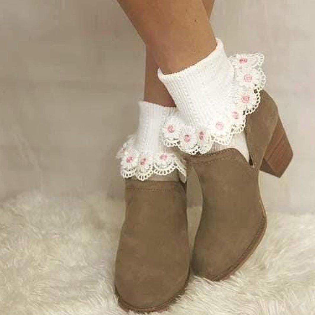 Organic PINK lace sock for women - USA MADE, soft, Eco friendly hosiery, sustainable fashion, short ankle boot socks, knit lacy sock