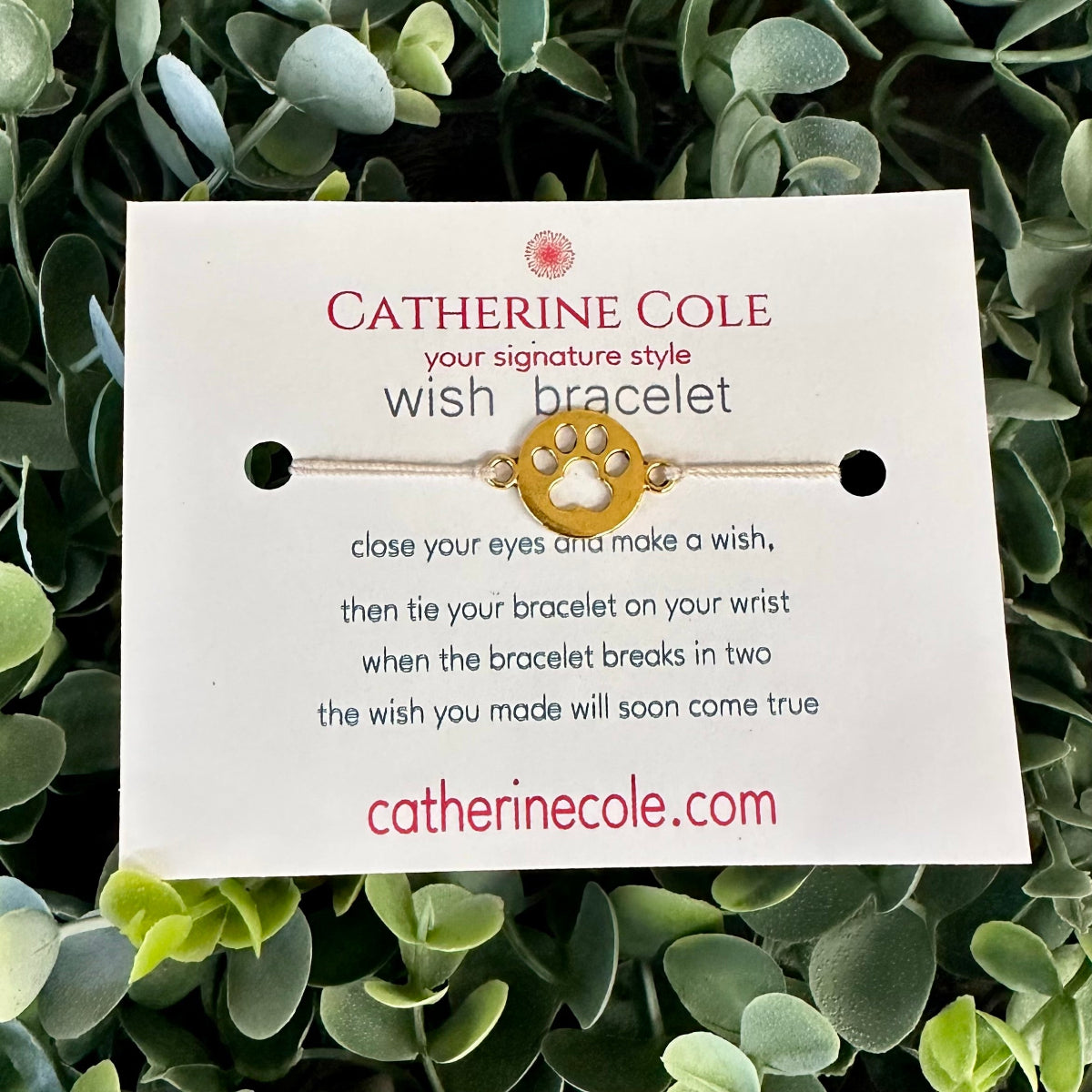 Catherine Cole wish bracelet on a card with green leaves in the background