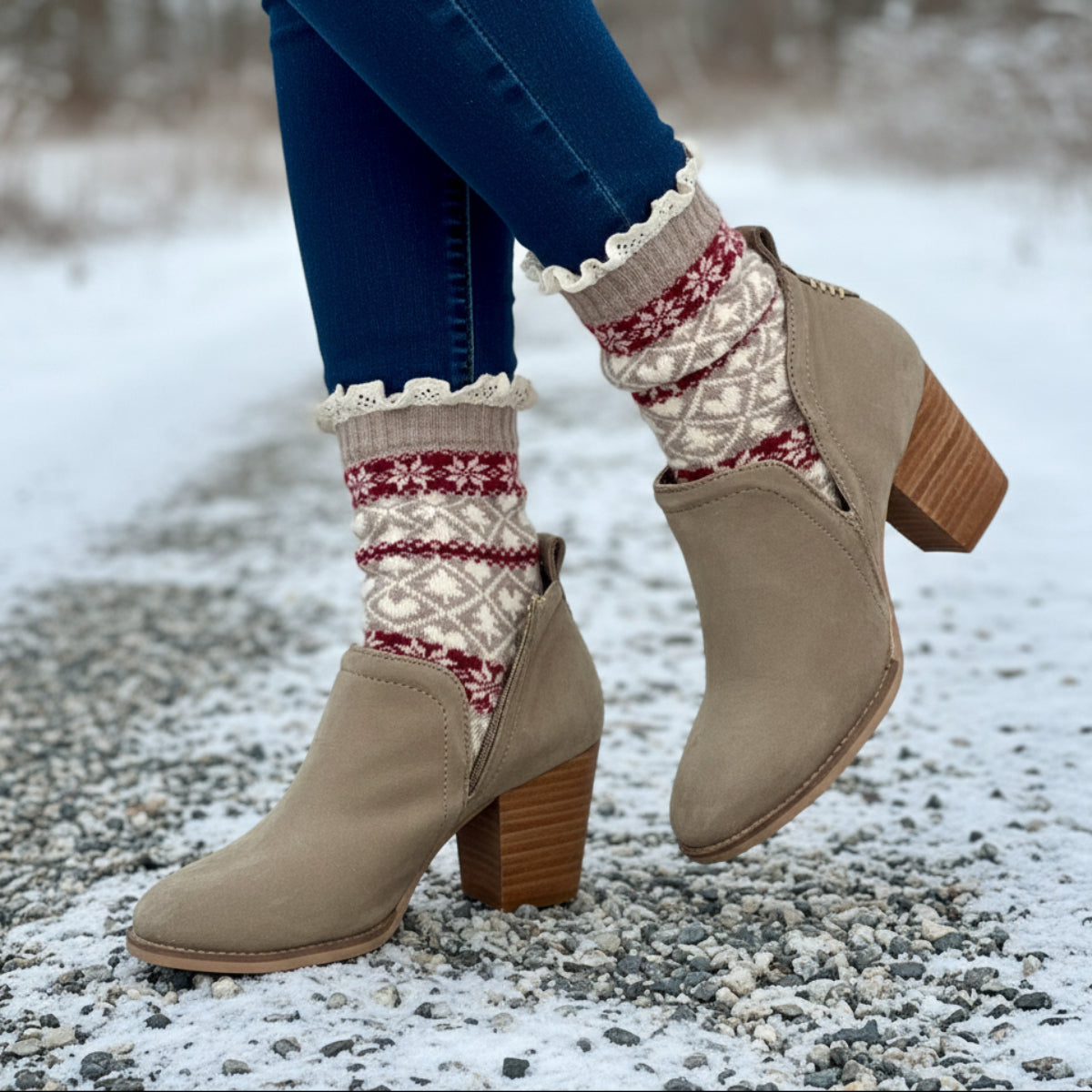 FAIR ISLE Lace Top Socks - Wine & Tan
