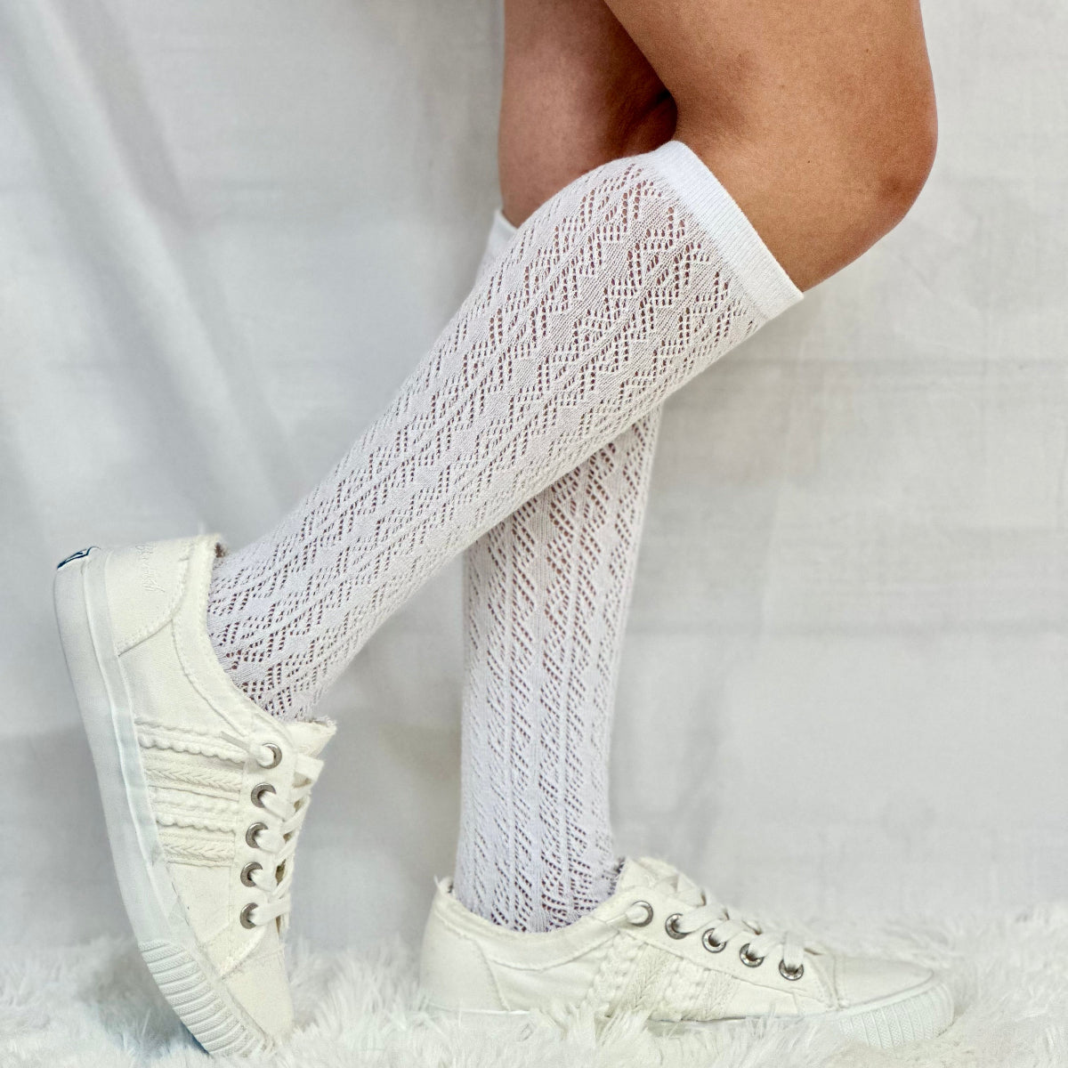 FLIRTY tall lace pointelle knee socks women, cute summer fashion, socks for boots and sneakers. Catherine Cole signature socks