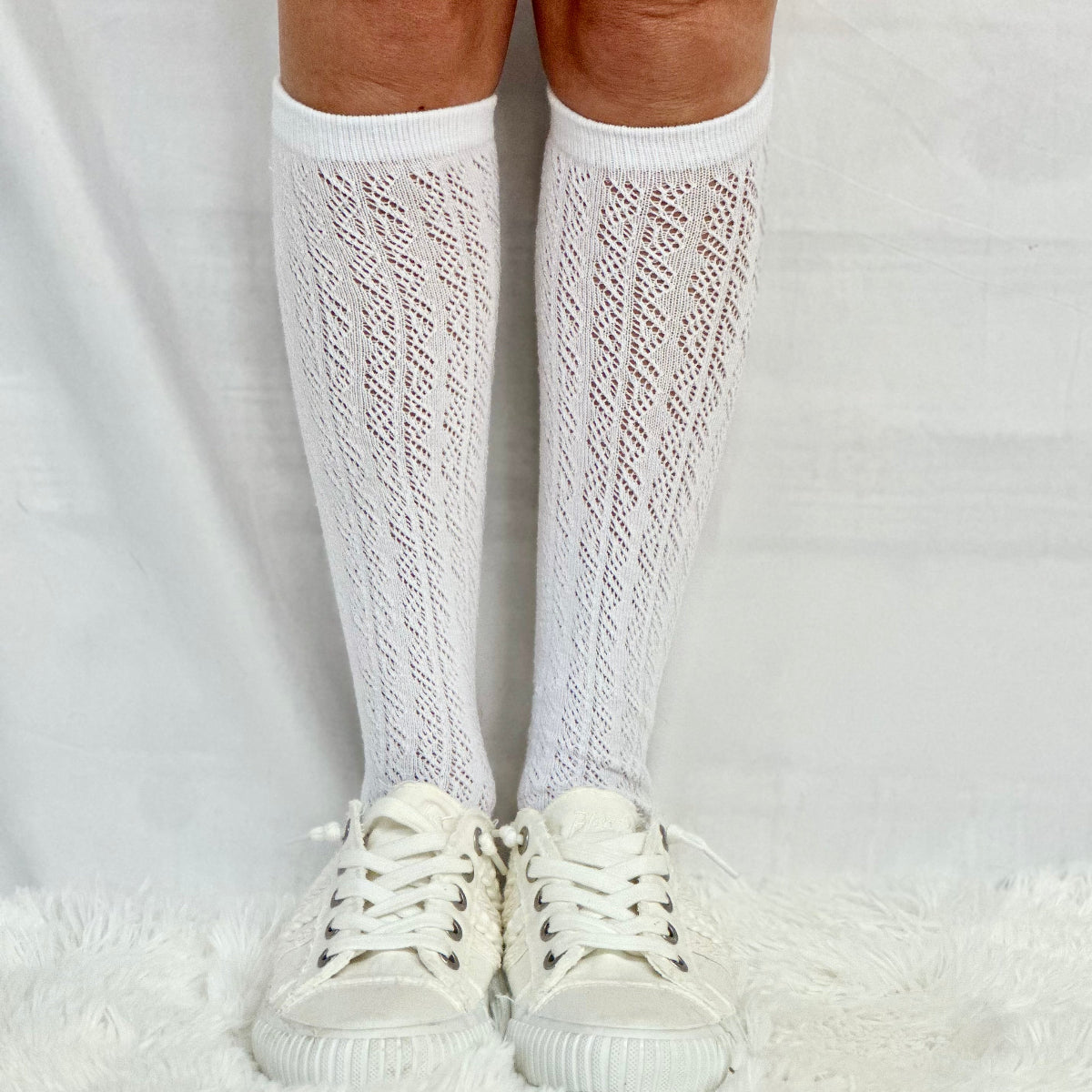 FLIRTY tall lace pointelle knee socks women, cute summer fashion, socks for boots and sneakers. Catherine Cole signature socks
