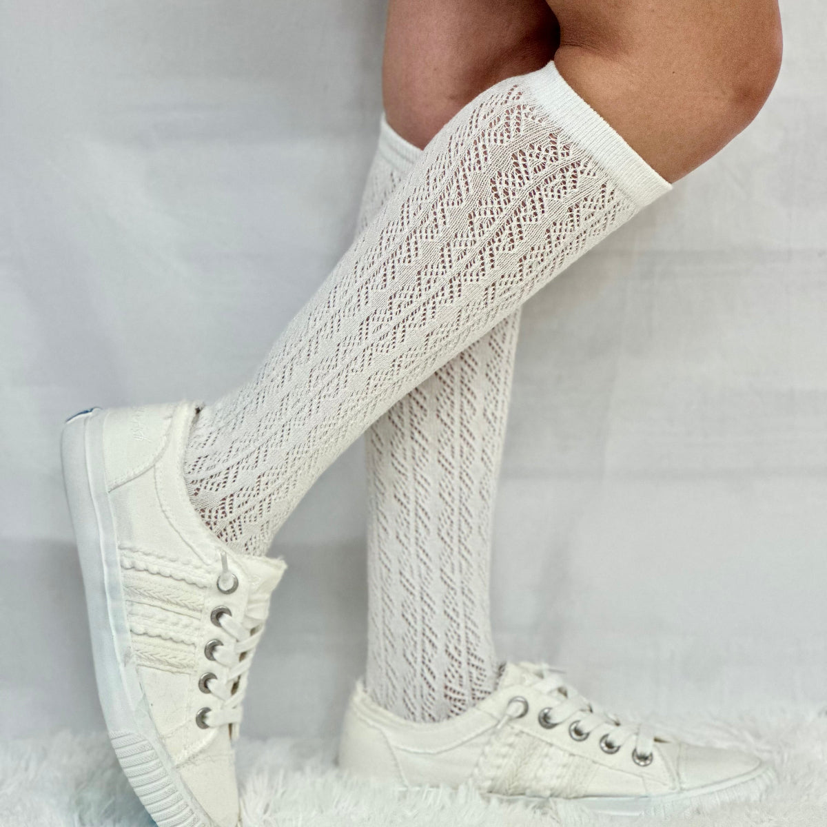FLIRTY tall lace pointelle knee socks women, cute summer fashion, socks for boots and sneakers. Catherine Cole signature socks