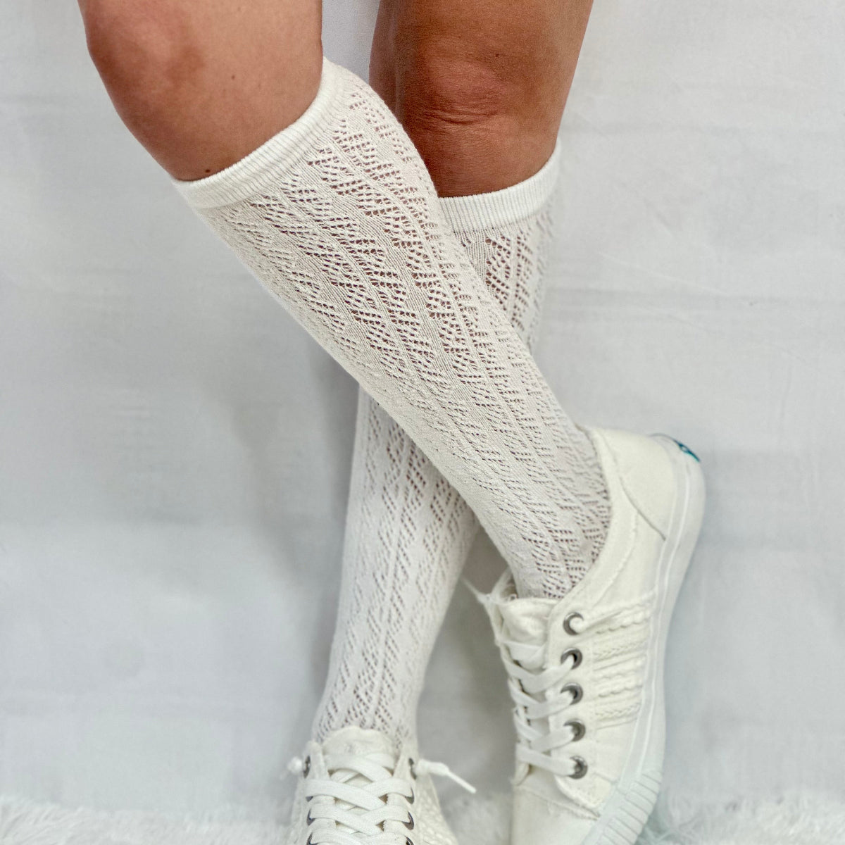 FLIRTY tall lace pointelle knee socks women, cute summer fashion, socks for boots and sneakers. Catherine Cole signature socks