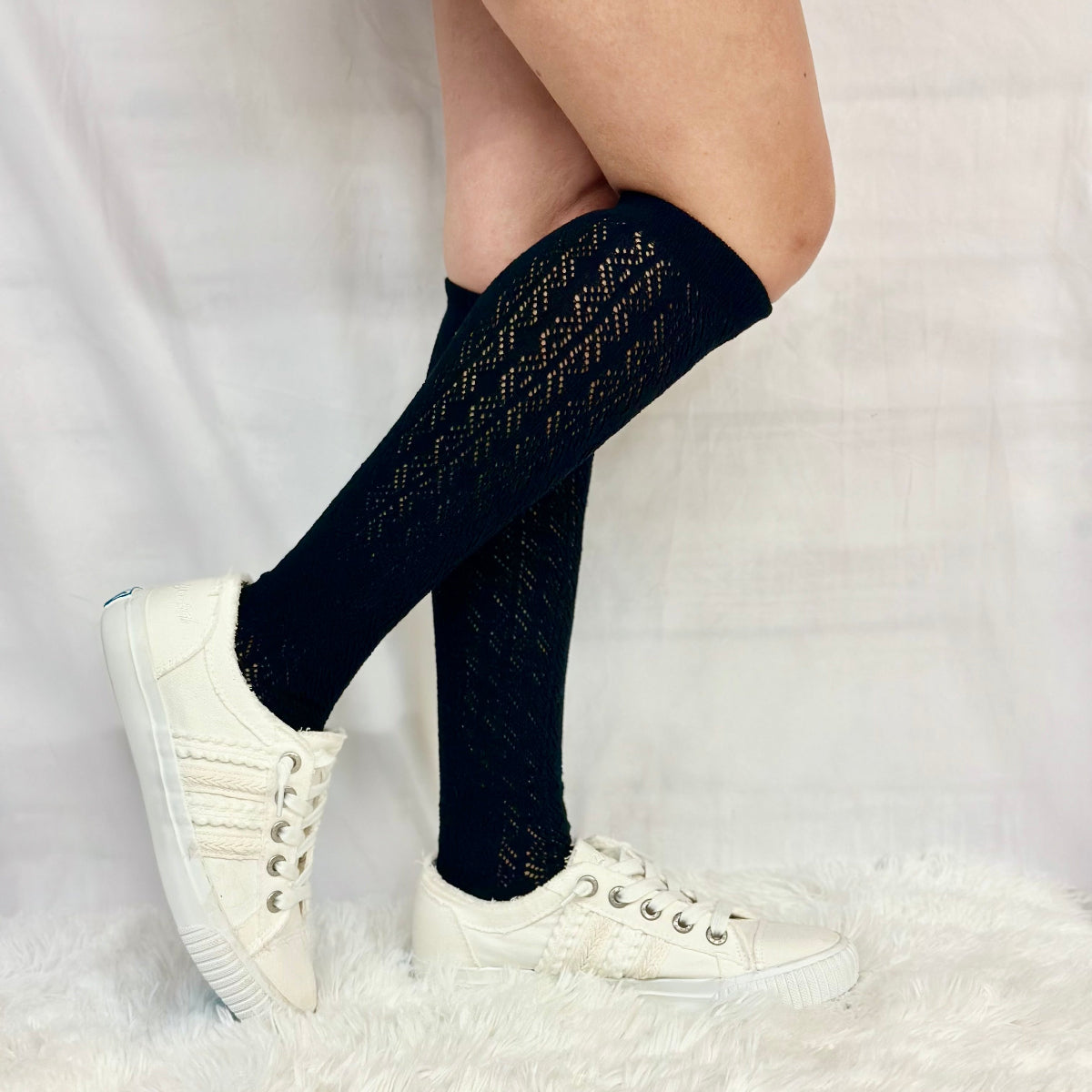 FLIRTY tall lace pointelle knee socks women, cute summer fashion, socks for boots and sneakers. Catherine Cole signature socks