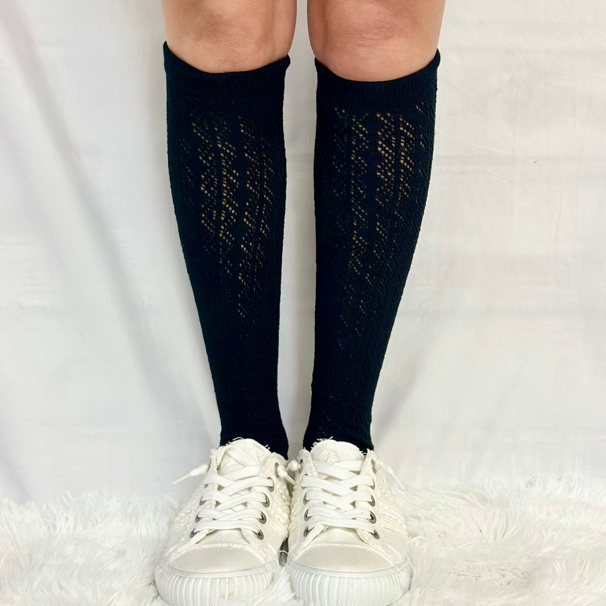 FLIRTY tall lace pointelle knee socks women, cute summer fashion, socks for boots and sneakers. Catherine Cole signature socks