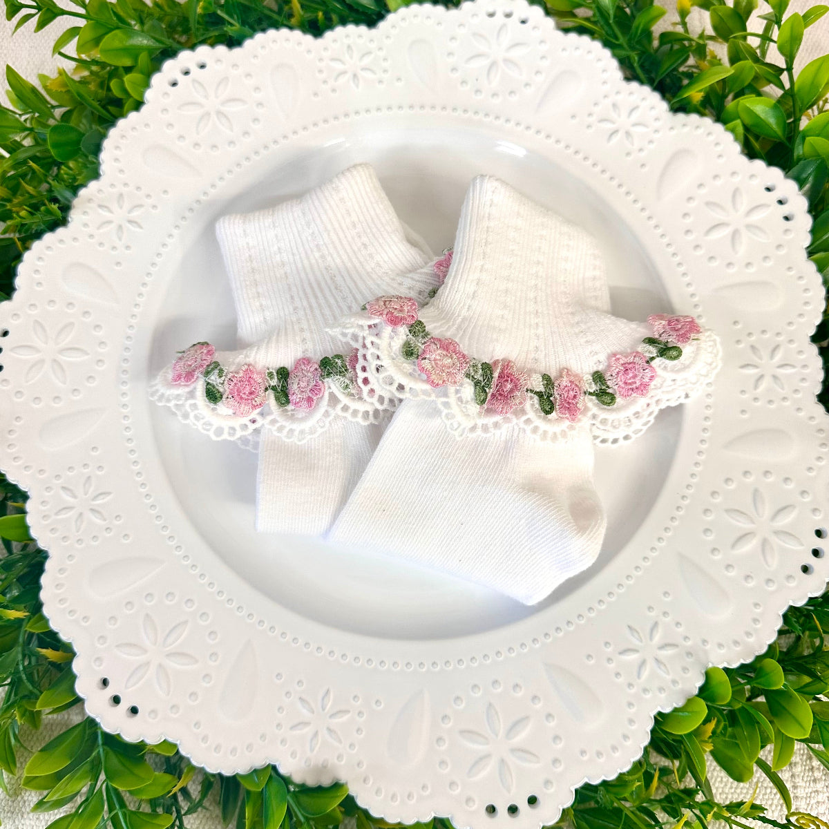 FLOWERS lace cuff socks - white pink