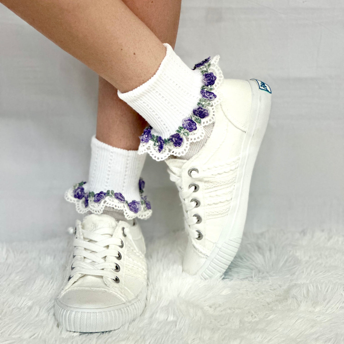 FLOWERS lace cuff socks - white purple,, pretty summer lace cuff sock for women made in USA, Catherine Cole socks