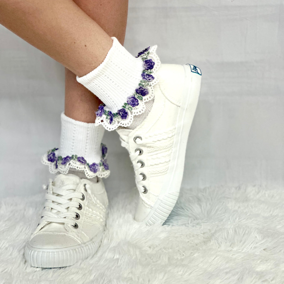 FLOWERS lace cuff socks - white purple,, pretty summer lace cuff sock for women made in USA, Catherine Cole socks