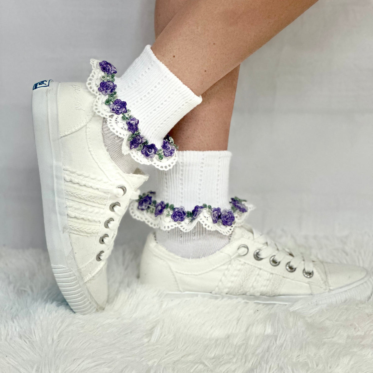 FLOWERS lace cuff socks - white purple,, pretty summer lace cuff sock for women made in USA, Catherine Cole socks