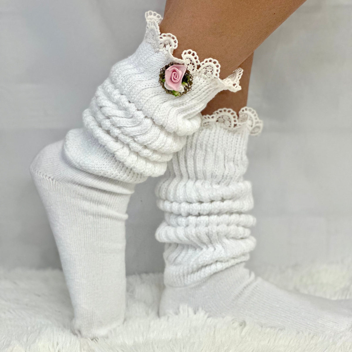 Flower pin lace topped ultimate slouch socks - white, Catherine Cole signature socks made in usa