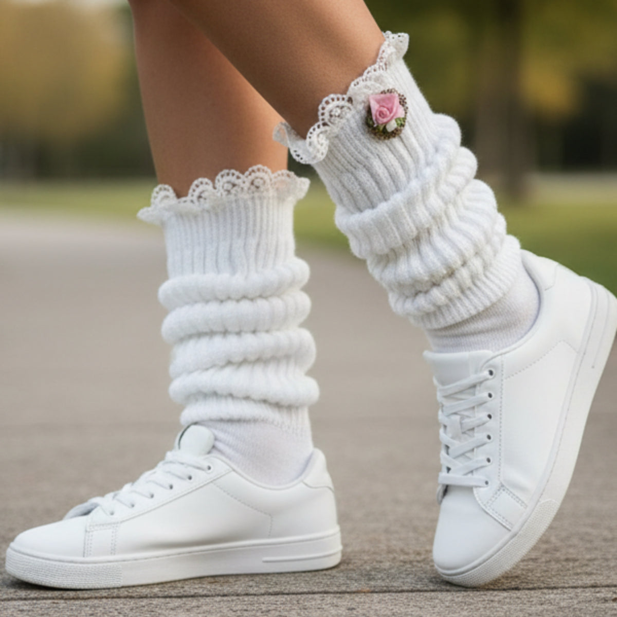 Flower pin lace topped ultimate slouch socks - white, Catherine Cole signature socks made in usa