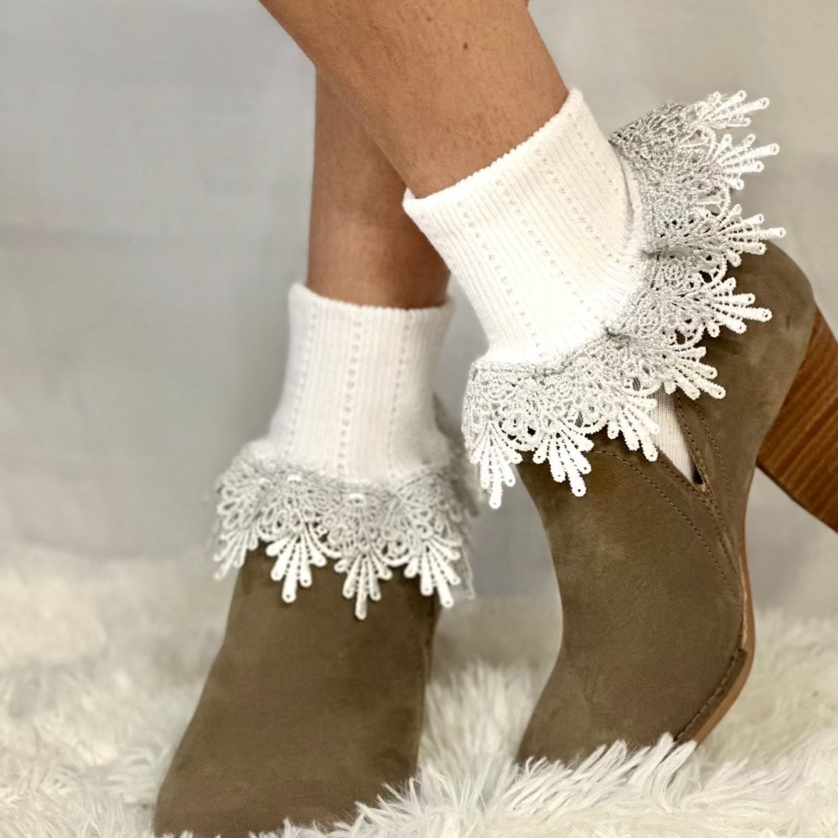 DOUBLE LACE holiday cuff socks - white silver