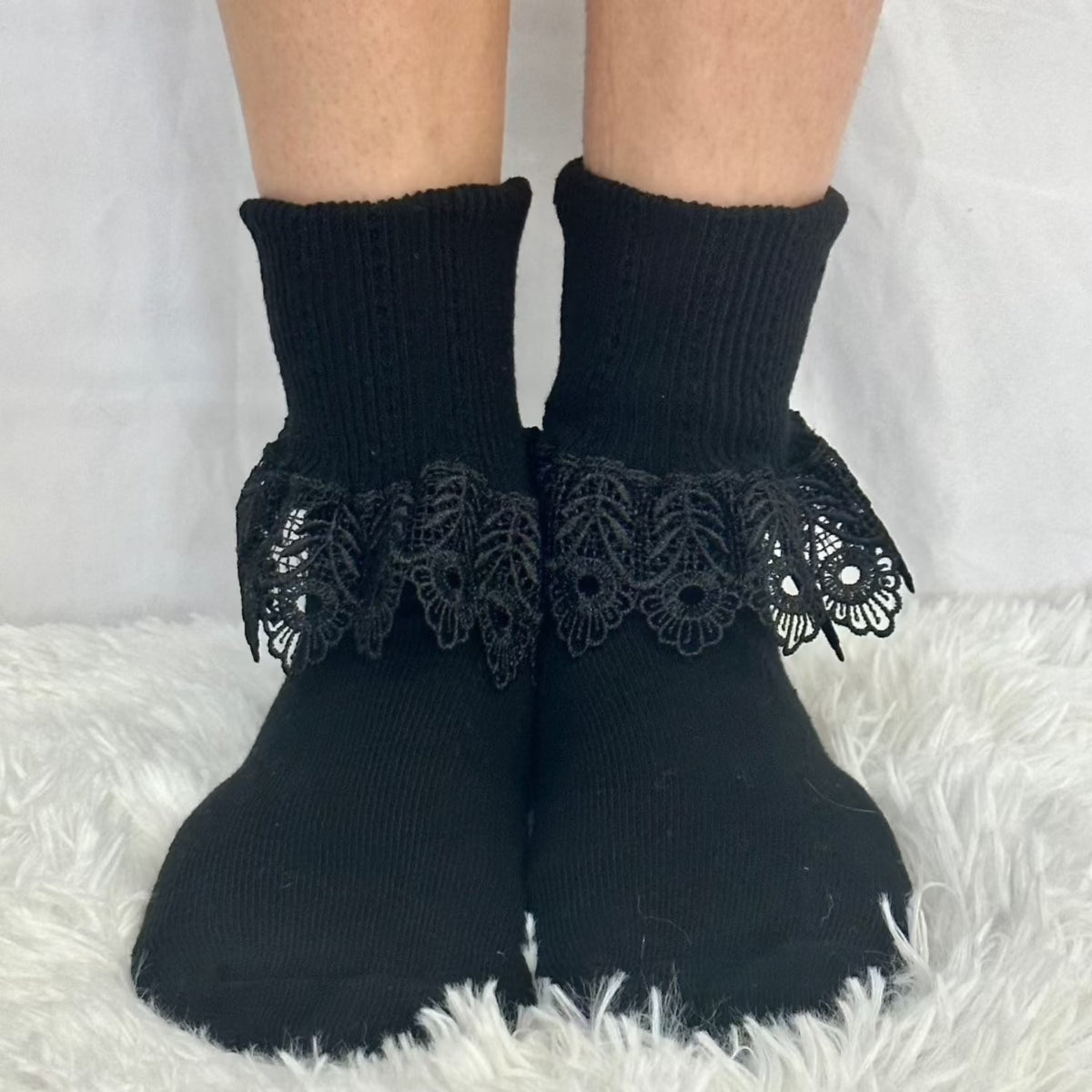signature BLOSSOM lace ankle cuff socks women - black, Lace cuff socks women's, best quality lace trim socks.