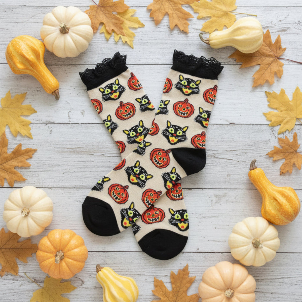 HALLOWEEN vintage cat and pumpkin lace top sock, Catherine Cole signature socks