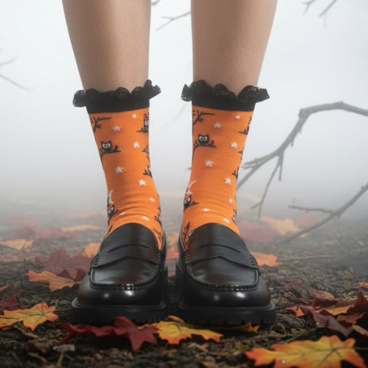 HOOT OWL halloween lace top sock, Catherine Cole signature socks
